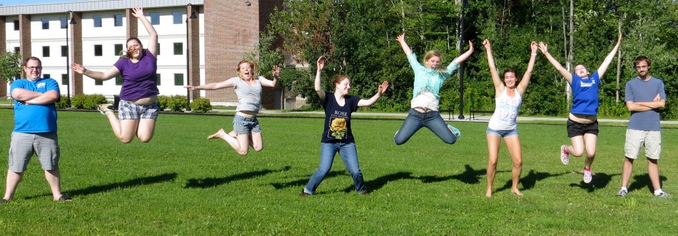 Student's jumping infront of acadia hall